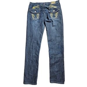 VTG Old Skool Gold Embroidered Studded Straight Jeans 15 Rocker Affliction Y2K
